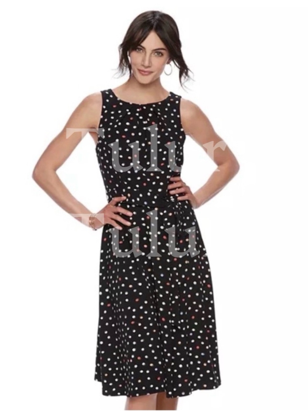 Elle Black Polka Dot A Line Belted Dress 6